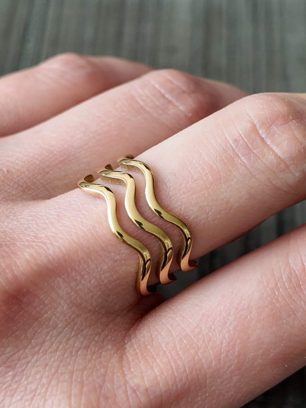 18K Gold PVD Triple Wave Geometric Ring | Stainless Steel Statement Ring Size 7